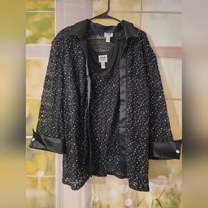 Vintage R&M Richards Black Sequin Lace Two-Piece Jacket & Tank Set Size 24W